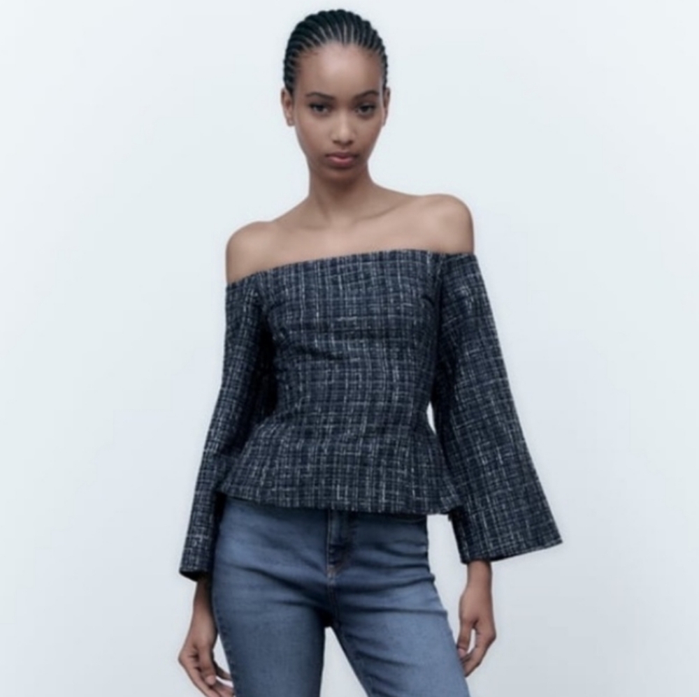 ZARA Tweed Textured Structured Off Shoulder Modern Top NWT small